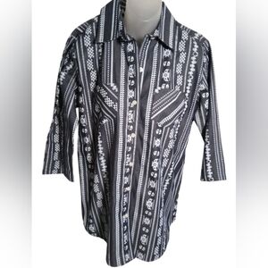 Rancho Estancia Blue White Western Button Shirt 3/4 Sleeve Boho Cowgirl Medium